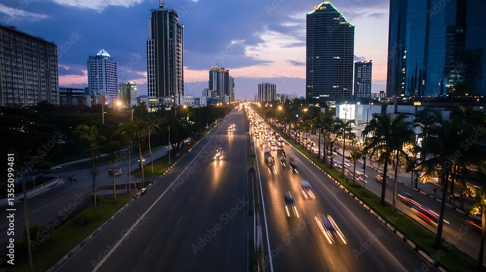 Dynamic Urban Evening Traffic Flow with City Lights and Modern Skyscrapers : Generative AI Dynamic Urban Evening Traffic Flow with City Lights and Modern Skyscrapers : Generative AI