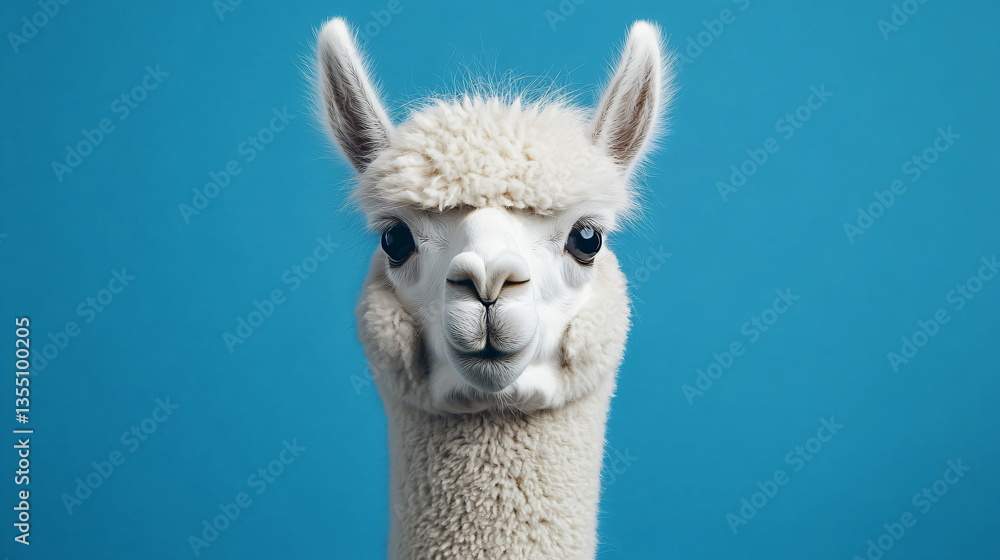Obraz premium Funny white alpaca on blue background