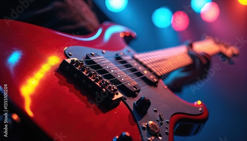 Close-up electric guitar vibrant lighting. Red body, strings. Instrument, music, stage. Rock concert, jazz show. Musical performance. Detailed texture, modern art. Passion, energy, creativity.