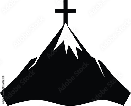 Silhouette Mountain Peaks Topped with Cross Above Waves in Black and White Style