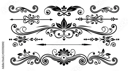Set of Elegant Ornamental Flourish Design Elements vector illustration. 
