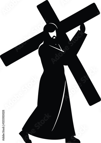 Silhouette of Middle Eastern Man Carrying Cross, Black and White Religious Symbol