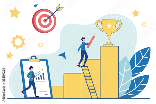 40 Colorful business illustration, flat design, achievement icons, clipboard with chart, golden target with arrow, laptop with notification, trophy cup, tiny people, blue and yellow color scheme, abst
