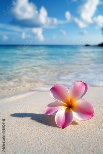 Beautiful Plumeria Flower Close Up Detail Lying on White Sandy Beach Against Clear Water Seascape View