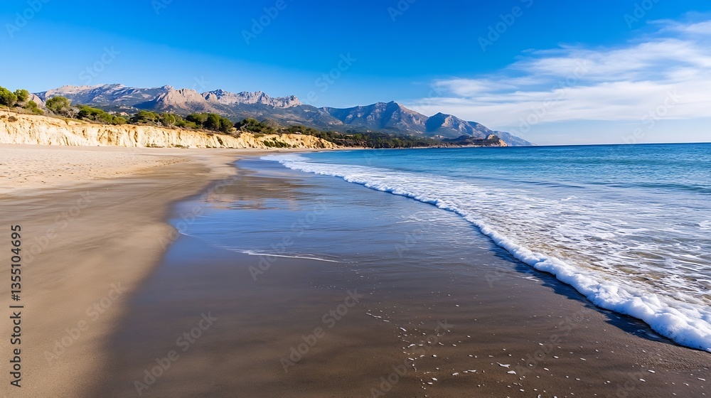Serene Beautiful Beach Landscape with Gentle Waves and Stunning Mountain View : Generative AI Serene Beautiful Beach Landscape with Gentle Waves and Stunning Mountain View : Generative AI