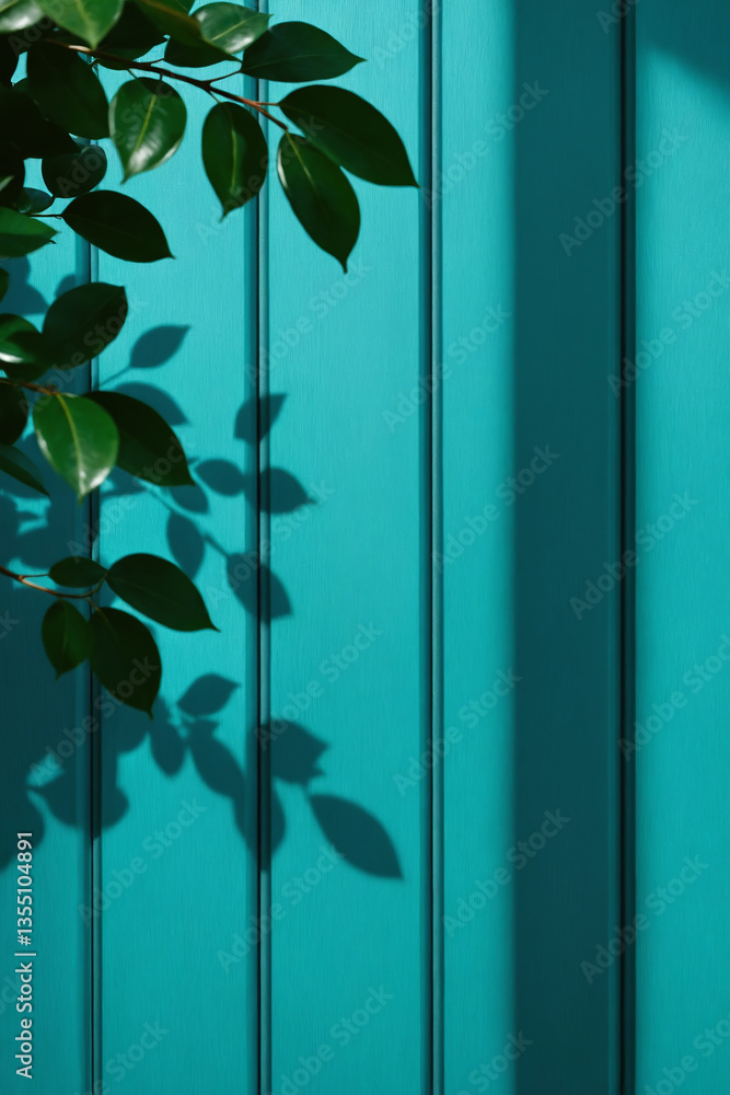 leaves on green wall. Minimalistic background with blurred foliage shadow