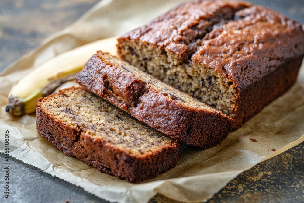 Close up detail of freshly baked rustic banana bread lying on a baking paper Close up detail of freshly baked rustic banana bread lying on a baking paper