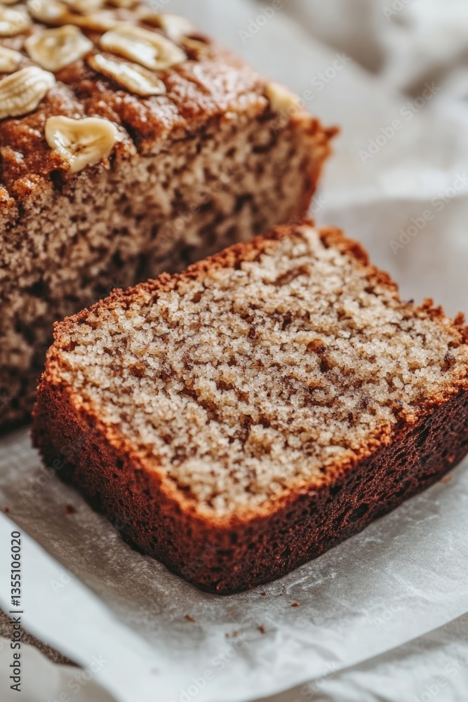Close up detail of freshly baked rustic banana bread on baking paper Close up detail of freshly baked rustic banana bread on baking paper