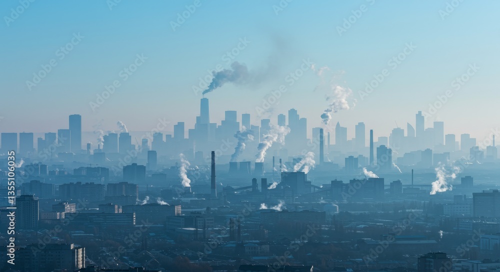 Obraz premium Industrial City Skyline with Pollution - Smog-filled city skyline with numerous industrial smokestacks emitting pollution into the atmosphere