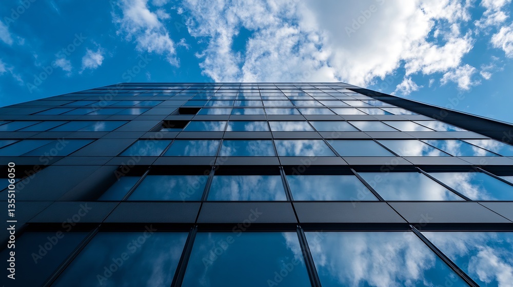 Fototapeta premium Modern skyscraper reflecting clouds in the blue sky showcasing urban architecture : Generative AI