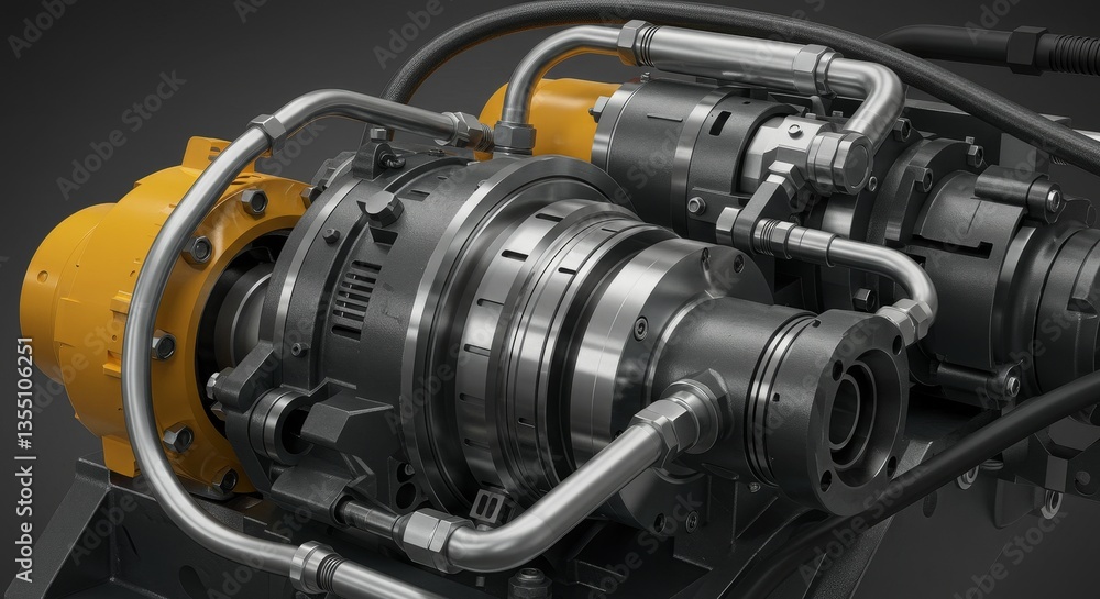 Fototapeta premium Industrial Hydraulic Power Unit - Close-up detailed of a complex industrial hydraulic power unit, showcasing intricate metal components and tubing