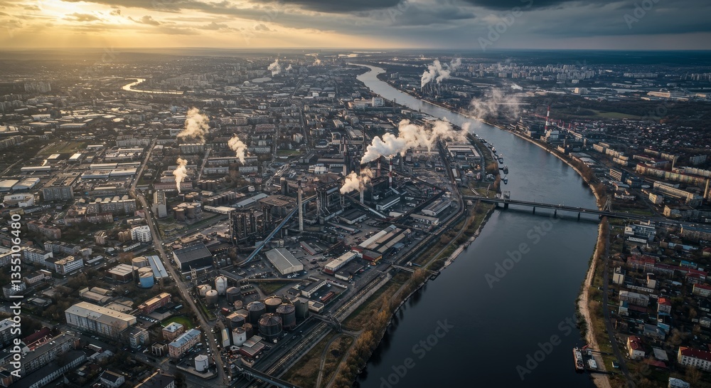 Fototapeta premium Industrial River City: A View of Urban Development and Environmental Concerns - Aerial view of an industrial zone alongside a river, depicting smoke emissions from factories, symbolizing pollution