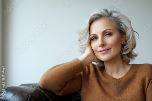 beautiful smiling woman with wavy silver hair sitting comfortably on couch, exuding warmth and confidence. Her relaxed expression invites connection and positivity