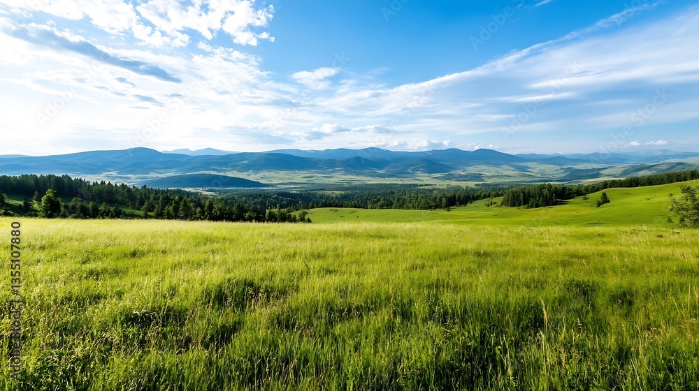 Stunning panoramic view of lush green fields and distant mountains under a bright blue sky : Generative AI Stunning panoramic view of lush green fields and distant mountains under a bright blue sky : Generative AI