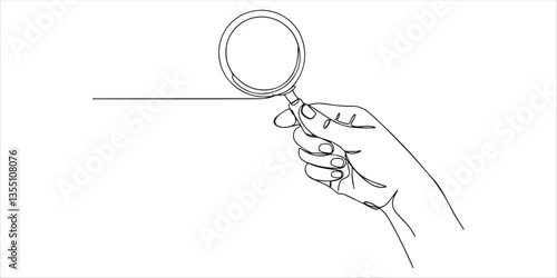 hand pointing magnifier a single, continuous line illustration of a hand directing a magnifying glass toward the silhouette of a person. This design represents extensive search efforts, symbolizing.