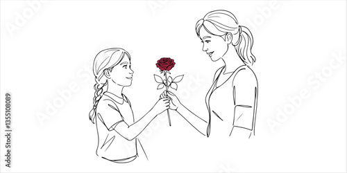 girl gives a rose a single, continuous line illustration of a girl presenting a rose to her mother, symbolizing gratitude for her exceptional care and service. This design conveys heartfelt love.