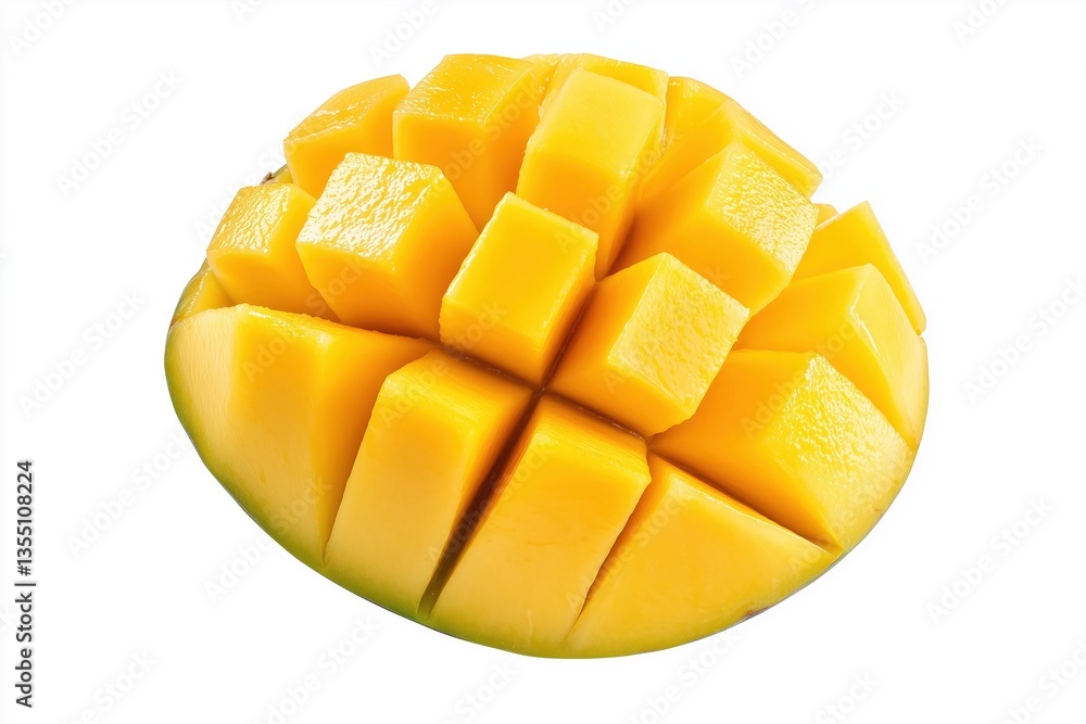 Close-up of diced mango forming a pattern on a white background, fresh and vibrant Close-up of diced mango forming a pattern on a white background, fresh and vibrant