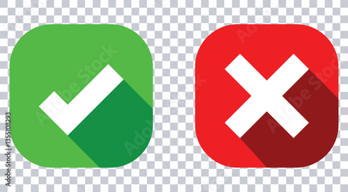 Right or wrong icons. Green tick and red cross checkmarks. Yes or no symbol, approved or rejected. tick mark icon button set.	