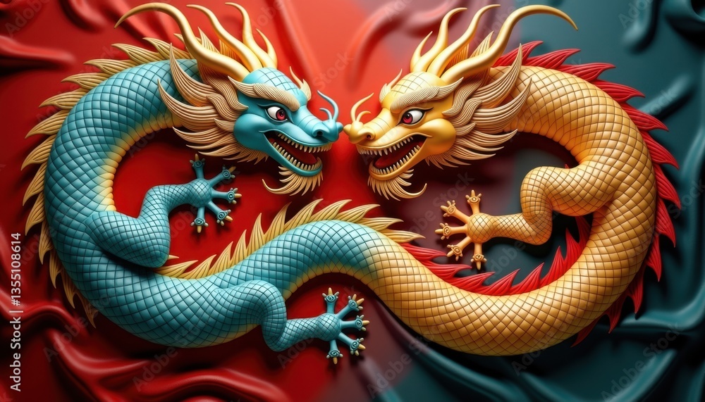 Obraz premium Two Oriental Dragons Intertwined in Colorful Silk Texture 