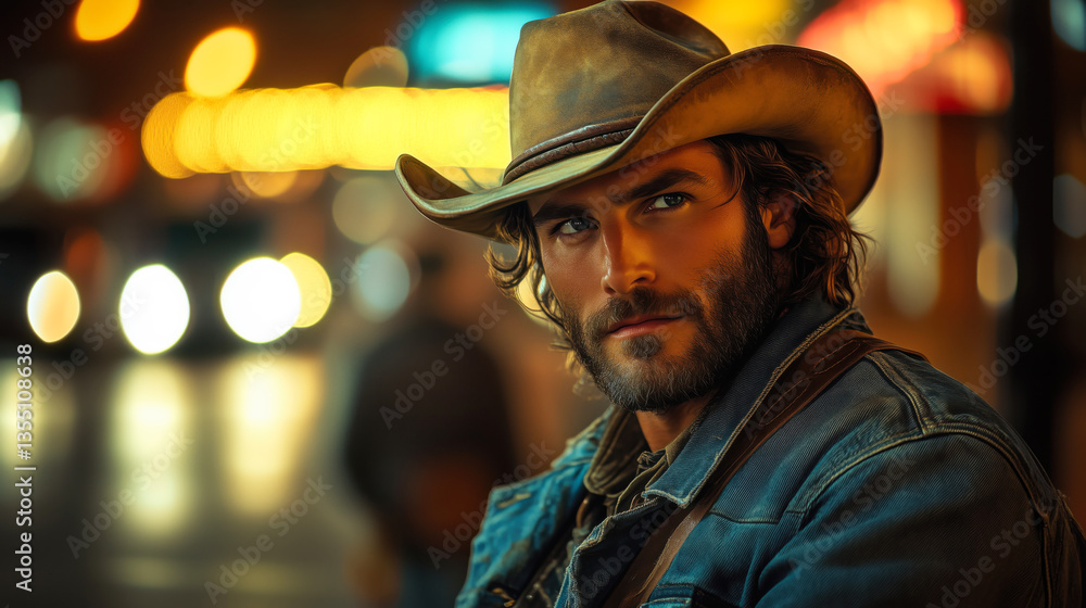 Cowboy posing at night with city lights in background Cowboy posing at night with city lights in background