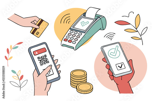 41 Digital payment methods, illustrated hands, credit card terminals, smartphones, QR code scanning, contactless payments, gold coins, financial technology, flat design, vibrant colors, mobile wallets
