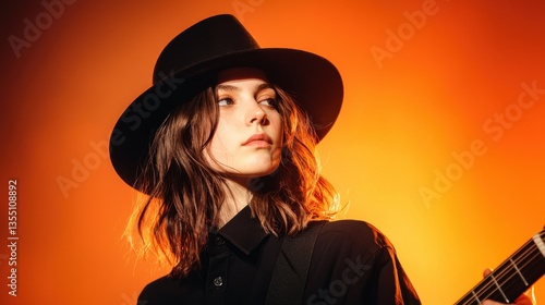 Portrait of a Young Woman Musician in Black Hat and Shirt Against Orange Background