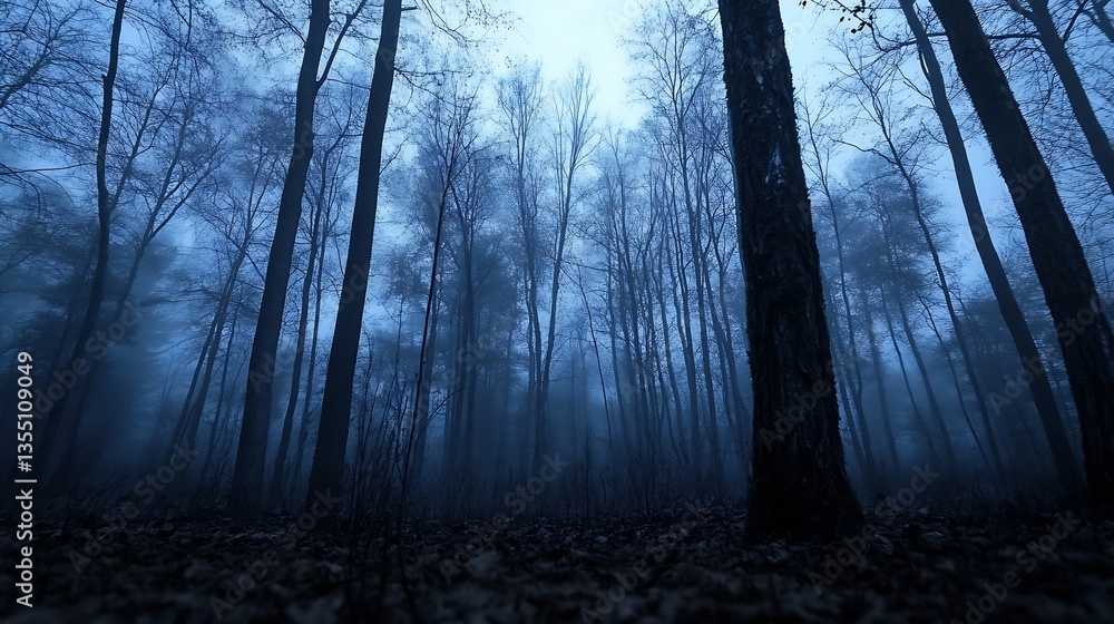 Fototapeta premium Eerie fog envelops tall trees in dark forest creating a mysterious and tranquil atmosphere at dusk : Generative AI
