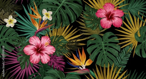 Lush Tropical Floral Pattern - Vibrant hibiscus, bird of paradise, and monstera leaves create a lush tropical paradise. Perfect for textiles, wallpaper, and more