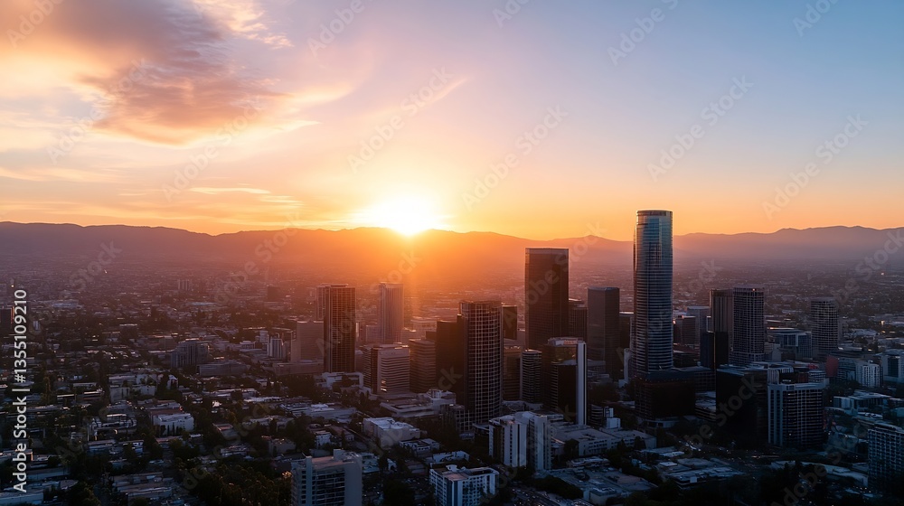 Obraz premium Stunning urban skyline silhouette during a vibrant sunset casting golden hues over the city : Generative AI