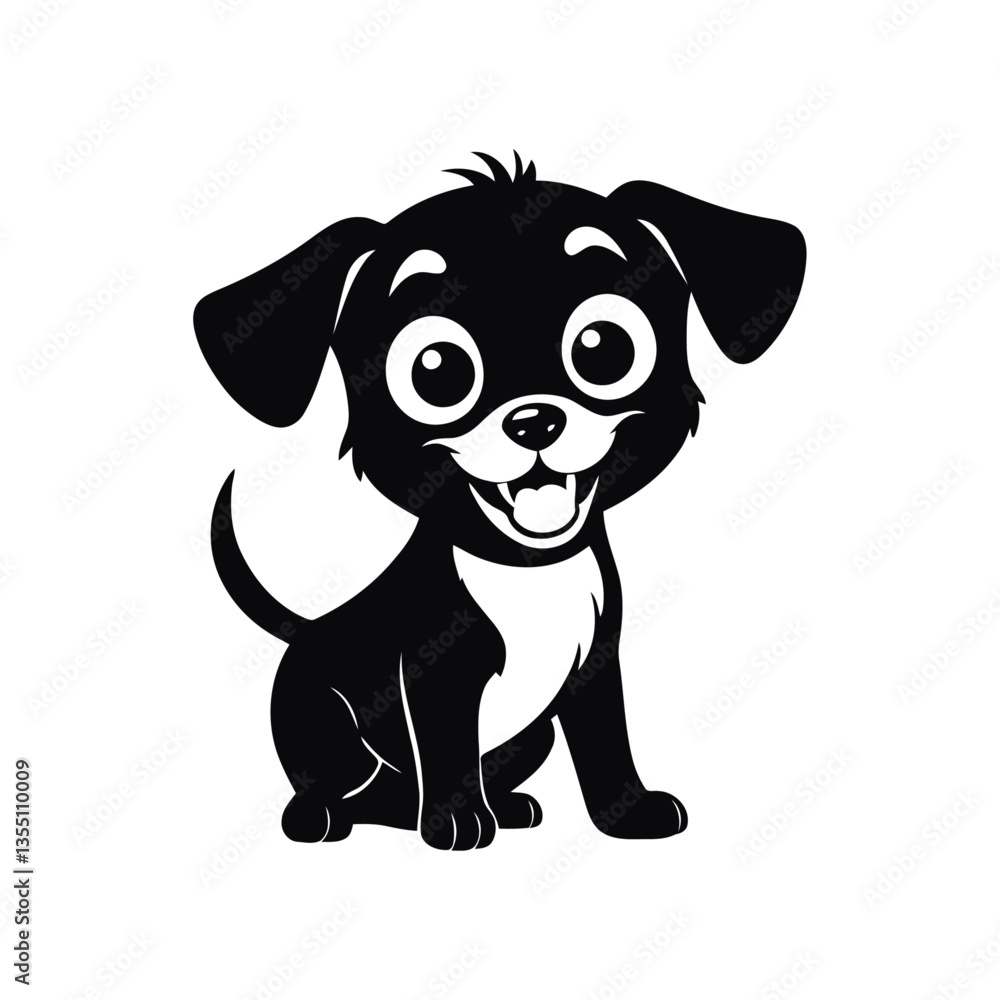 Obraz premium A minimalistic black and white vector illustration of a baby dog with a joyful grin, looking full of life on a white background