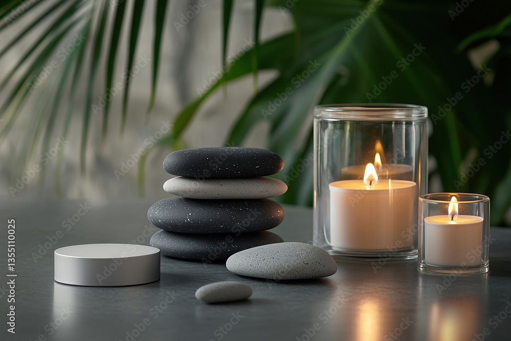 Stacked Stones with Candles for Relaxation and Meditation in Spa and Wellness Setting Stacked Stones with Candles for Relaxation and Meditation in Spa and Wellness Setting