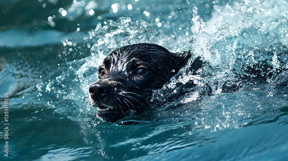 Obraz premium A sleek black dog powerfully swims through the water