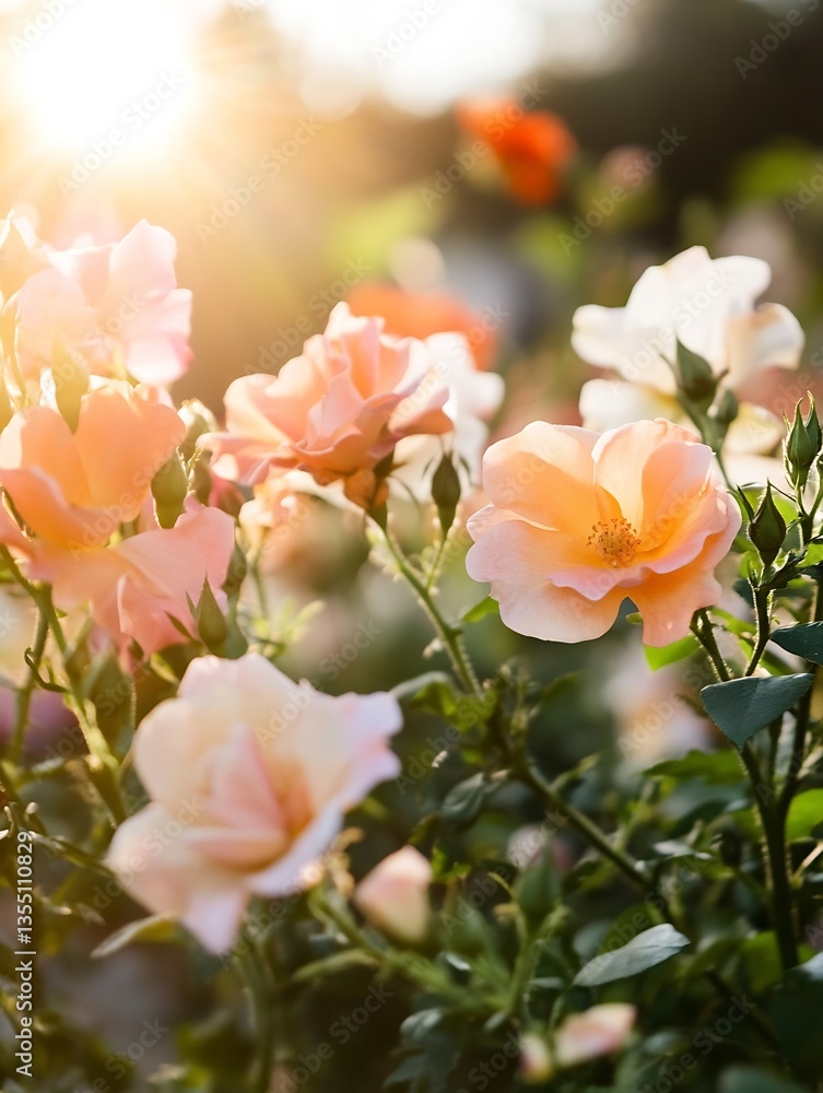 Obraz premium Beautiful blooming roses in a garden illuminated by soft sunlight capturing nature's elegance : Generative AI
