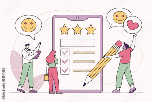 42 Cartoon illustration, customer service representative, smiling woman, purple t-shirt, chatbot interface, green robot avatar, search bar, question mark, exclamation point, five-star rating, minimali
