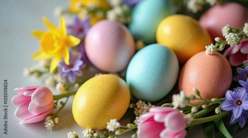 Easter Eggs in a Nest Surrounded by Flowers Easter Eggs in a Nest Surrounded by Flowers