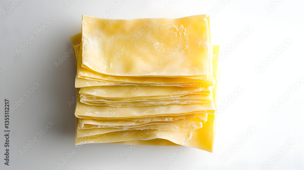 A clean and simple presentation of lasagna sheets, slightly overlapping, laid flat on a white background to focus on their smooth texture and perfect shape. A clean and simple presentation of lasagna sheets, slightly overlapping, laid flat on a white background to focus on their smooth texture and perfect shape.