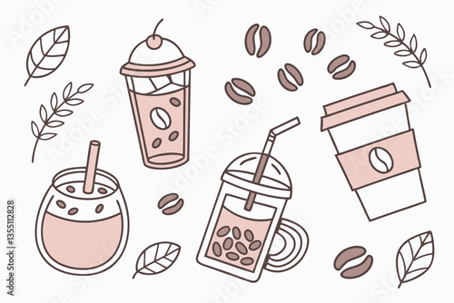 44 Coffee icons, cute beverage illustrations, pastel colors, flat design, various coffee drinks, latte art, bubble tea, to-go cup, coffee beans jar, frappuccino, espresso shot, cappuccino, minimalist 