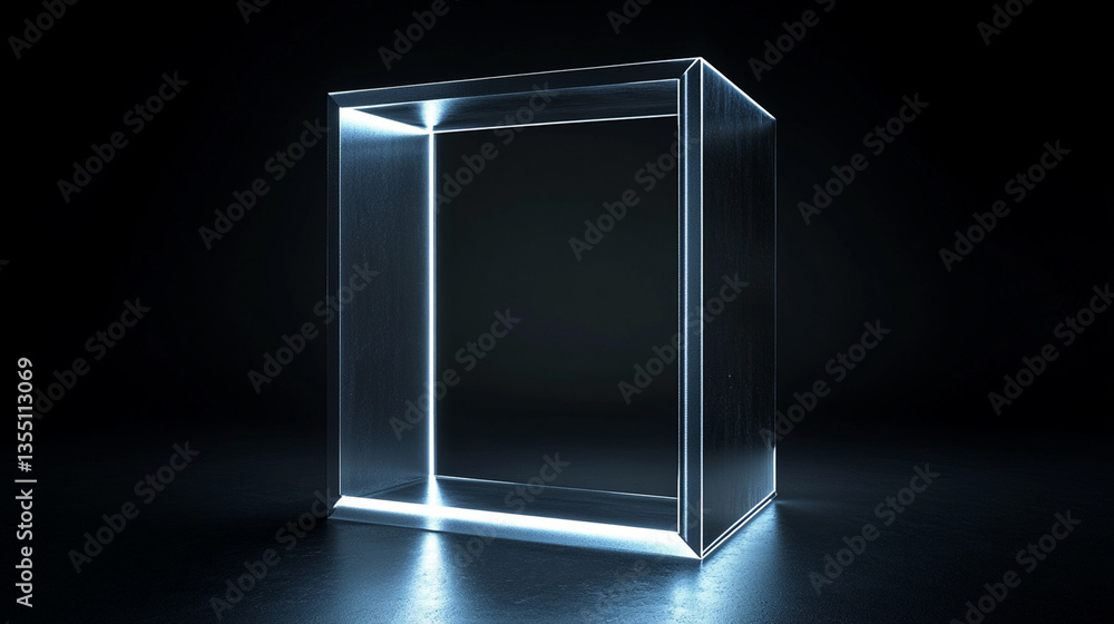 A sleek, illuminated glass cube stands in a dark space, highlighting its reflective surfaces