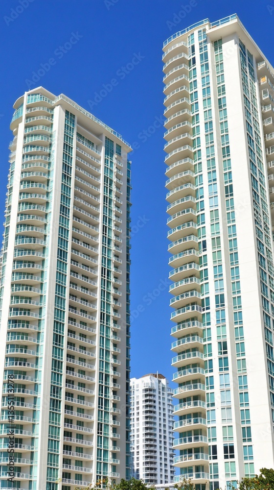 Two modern high-rise residential buildings under a clear blue sky. Two modern high-rise residential buildings under a clear blue sky.