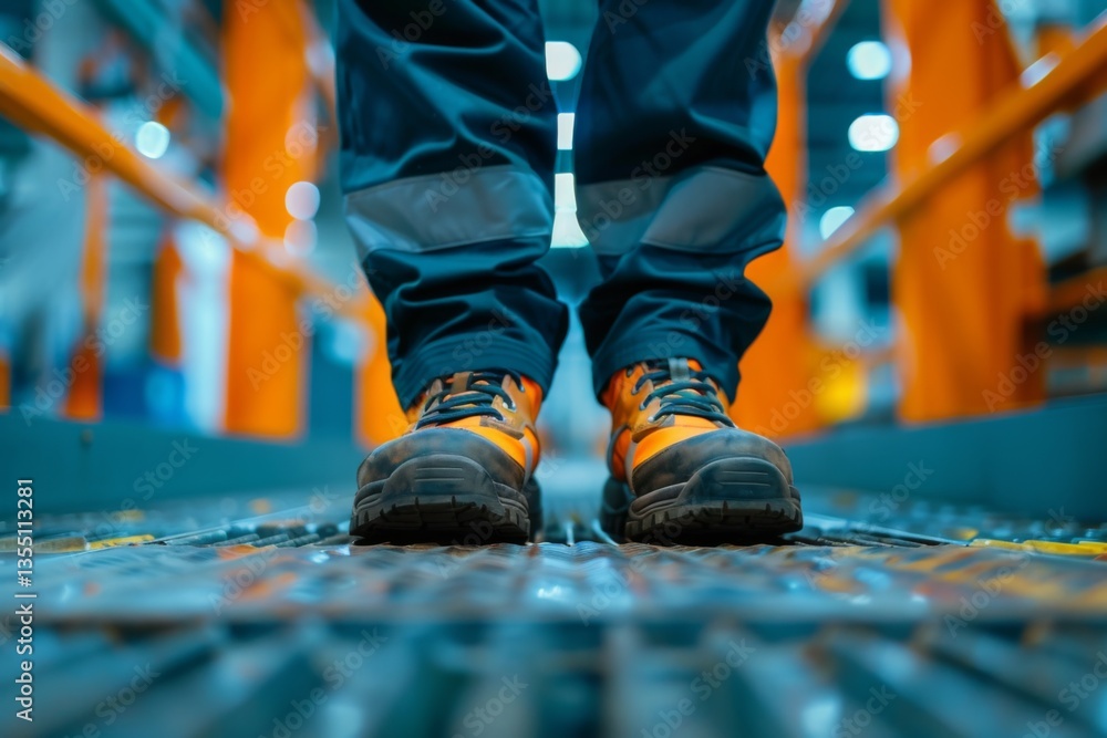 Close up of safety working shoe on worker feet standing in factory Close up of safety working shoe on worker feet standing in factory