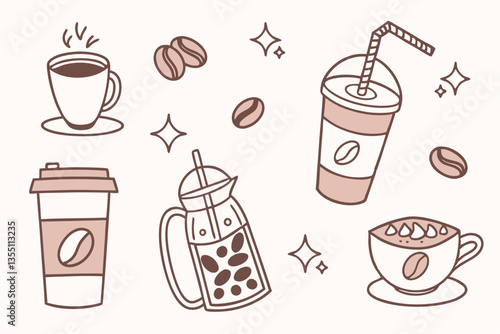 44 Coffee icons, cute beverage illustrations, pastel colors, flat design, various coffee drinks, latte art, bubble tea, to-go cup, coffee beans jar, frappuccino, espresso shot, cappuccino, minimalist 