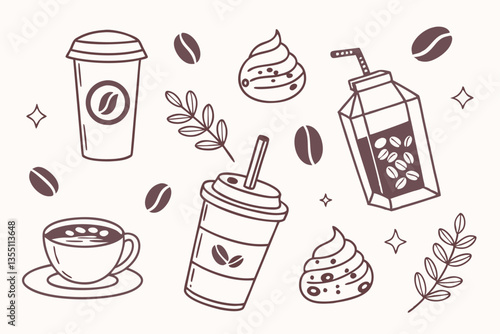 44 Coffee icons, cute beverage illustrations, pastel colors, flat design, various coffee drinks, latte art, bubble tea, to-go cup, coffee beans jar, frappuccino, espresso shot, cappuccino, minimalist 