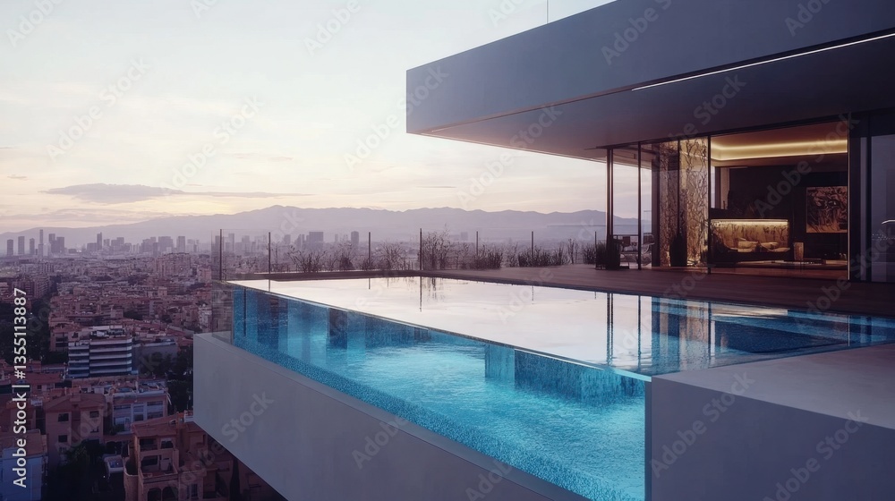 Obraz premium Modern luxury villa with infinity pool and stunning city view