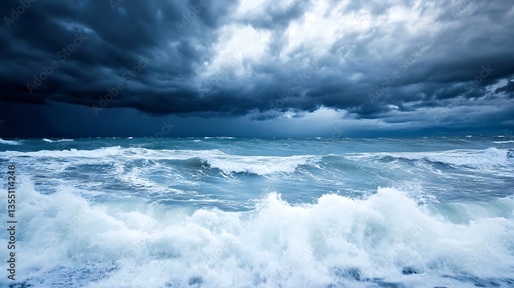 Obraz premium Dramatic ocean waves crashing against rocks under dark stormy clouds creating a powerful seascape : Generative AI