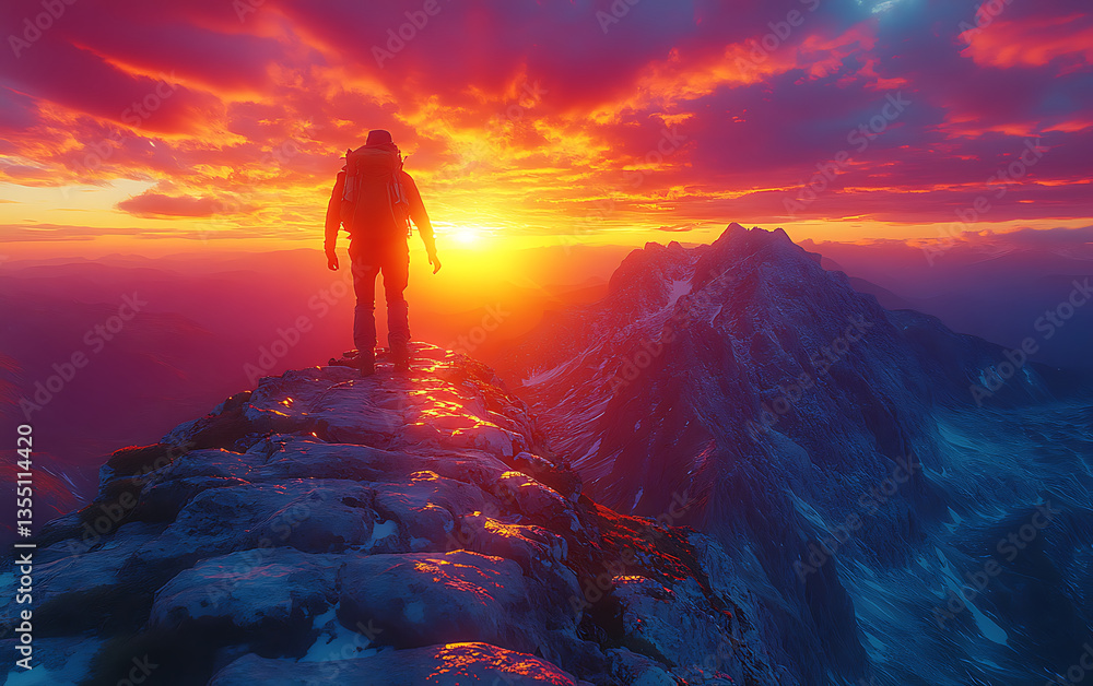 Obraz premium Adventurer standing on a mountain peak during a stunning sunset