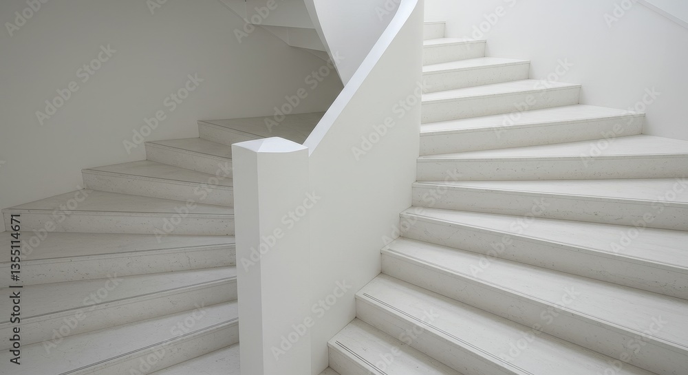 Fototapeta premium Modern White Marble Staircase Design - Elegant, minimalist, clean, ascension, architectural. Symbolizing progress, growth, ambition, achievement, and sophistication