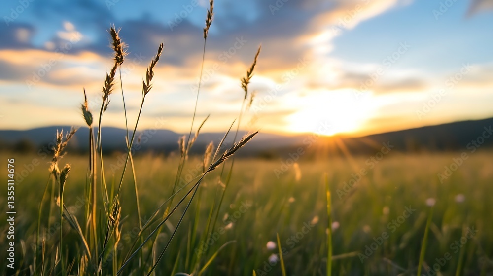 Fototapeta premium Golden Grasses Glowing in the Sunset Light with Rolling Hills and Mountains in the Background : Generative AI