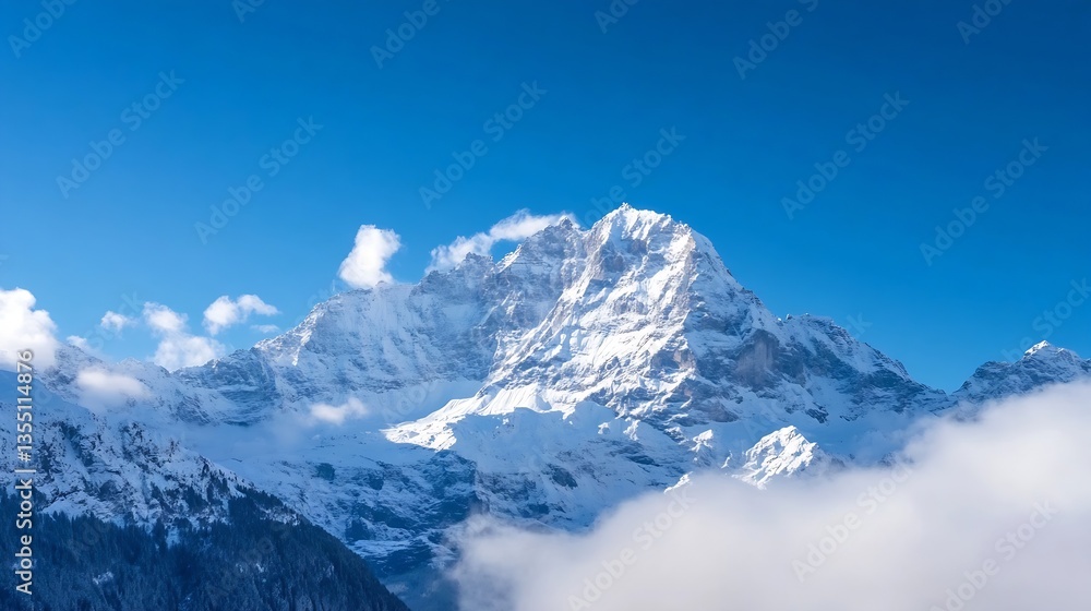 Majestic snowcovered mountain peak under clear blue skies offering breathtaking natural beauty : Generative AI Majestic snowcovered mountain peak under clear blue skies offering breathtaking natural beauty : Generative AI