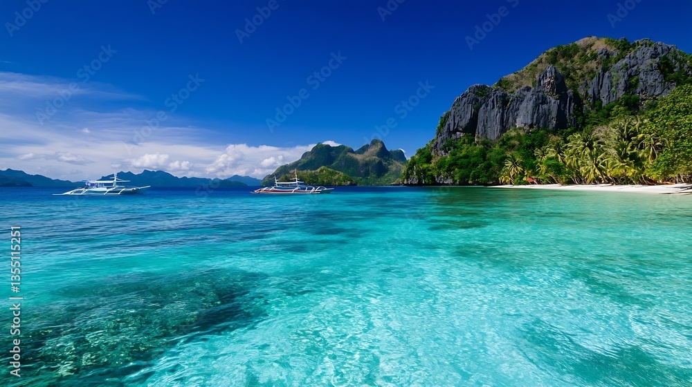 Fototapeta premium Crystal clear tropical waters and mountains in paradise destination beach : Generative AI
