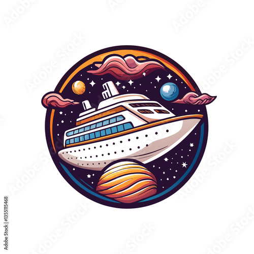 A futuristic cruise liner, sleek and silver, navigates a nebula, stars glittering around it; passengers enjoy the celestial views from panoramic decks.
